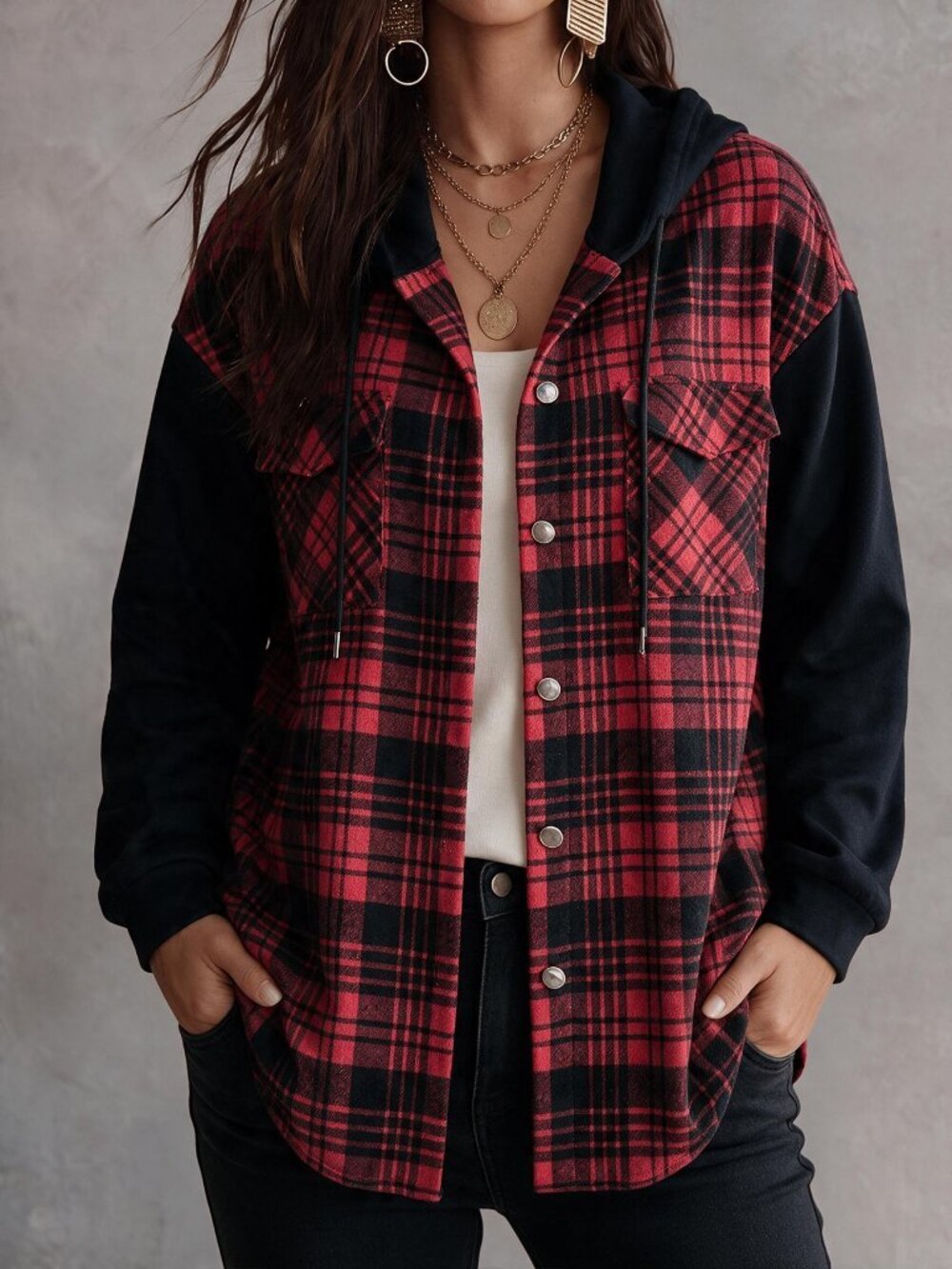 Multicolor Casual Women's Loose Hooded Bishop Sleeve Jacket